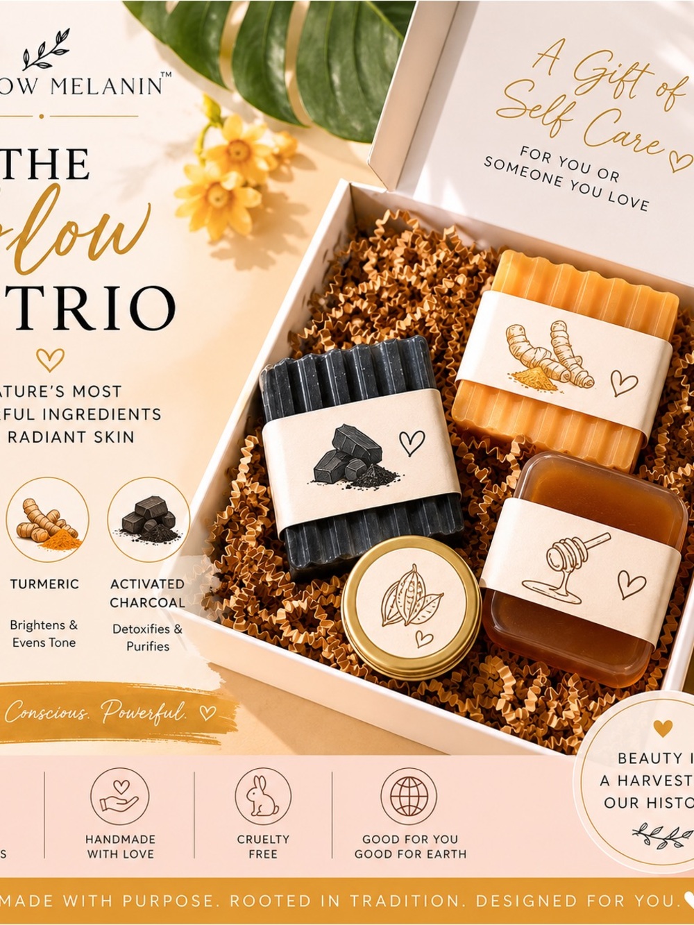The Glow Trio - Bath & Body Gift Set Tumeric, honey, charcoal soaps